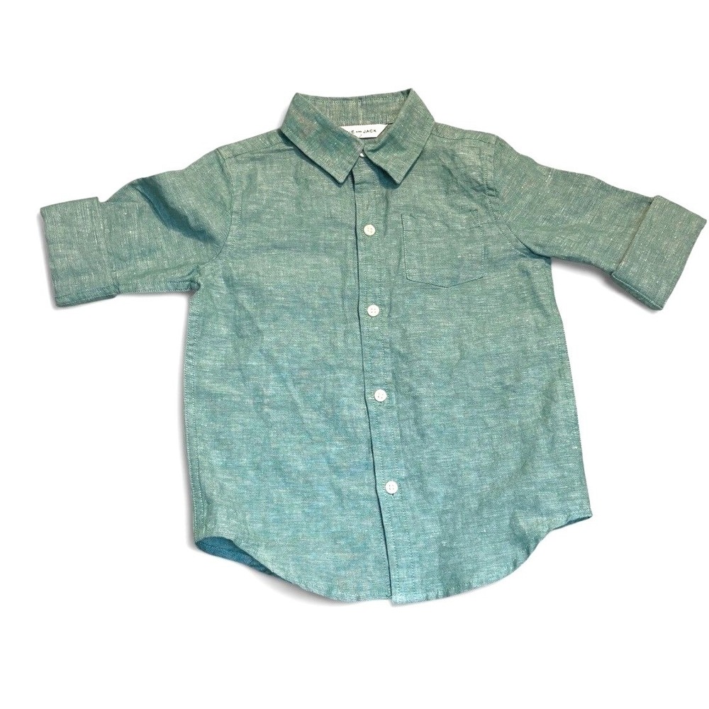Janie and Jack Boys Linen Shirt Button Up Short Sleeve Green Collar Pocket